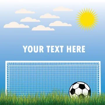 Soccer ball lying on the grass, on a background of sky and football goal. Stock Illustration