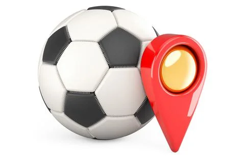 Soccer ball with map pointer, 3D rendering Stock Illustration