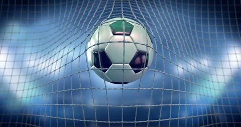 Soccer ball in the net in slow motion, football goal 3D animation Stock Footage 113995328