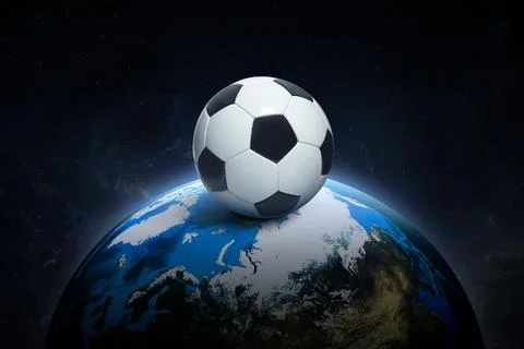Soccer ball on, night world in outer space abstract wallpaper. 3d render Stock-Illustration