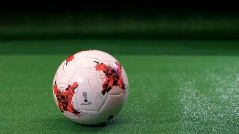 Soccer ball put on the lawn before serving at the World Cup Video stock 102653175