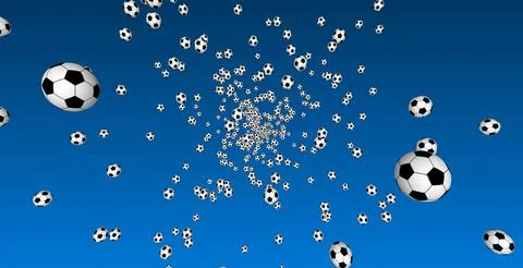 Soccer balls on a blue background. Many flying soccer balls in the foreground Stock Illustration