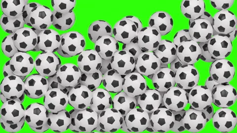 Soccer balls dropping and piling up on green screen background. Stock Footage 340229392