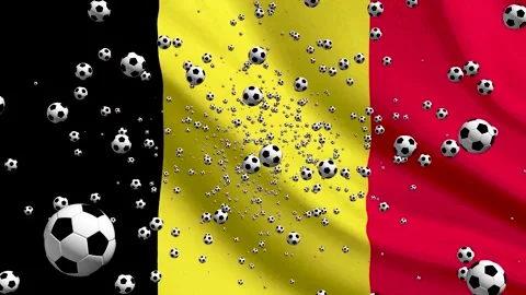 Soccer balls float over Belgium flag with soccer theme at sports event Video stock 335738087