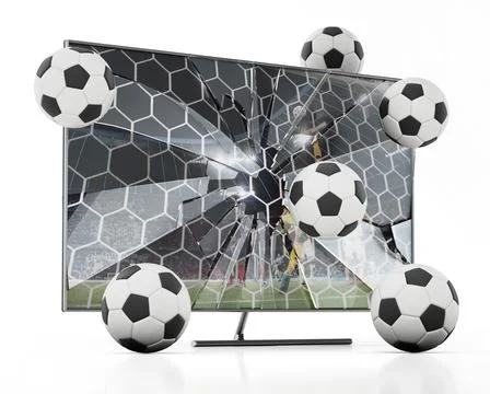 Soccer balls floating out of LCD TV with shattered screen. 3D illustration Stock Illustration