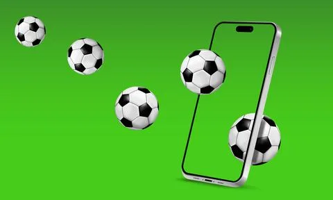 Soccer balls fly into a smartphone screen. Concept for soccer game app, for.. Stock Illustration