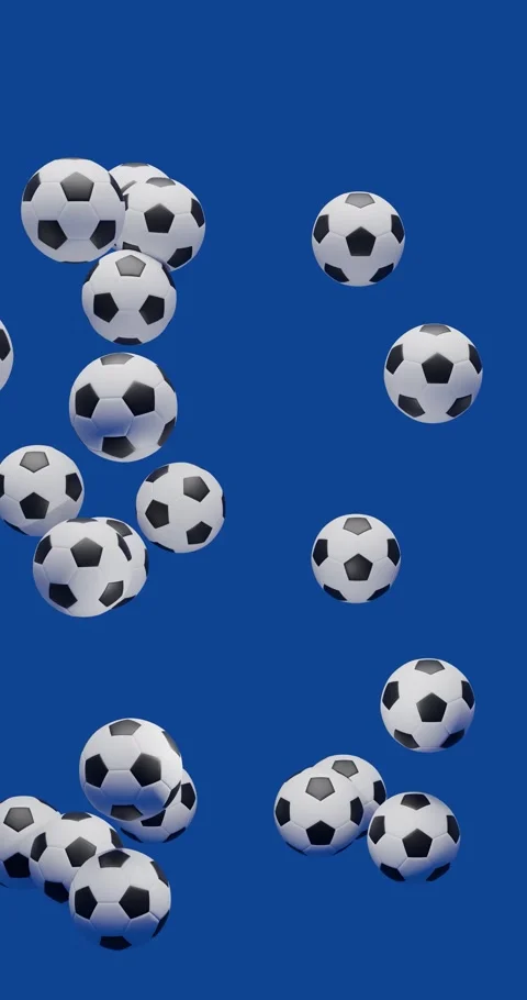 Soccer balls rain effect flying upward in abstract motion on blue screen Stock Footage 327668734
