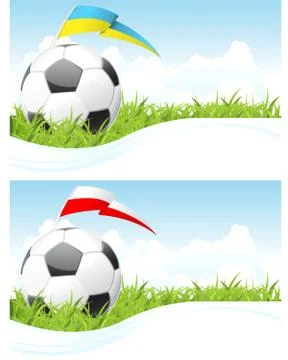 Soccer cloudscape background with ball and flag Stock Illustration
