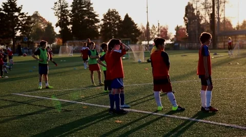 Soccer coach explaining strategic moves to little boys soccer players Stock Footage 56249247