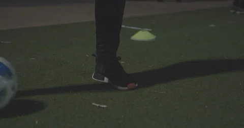 Soccer Coach At Night Practices Shuffling Stock Footage 94388029