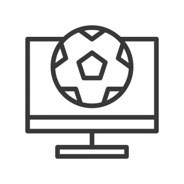 Soccer on computer screen, outline icon on white background Stock Illustration