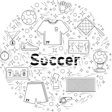 Soccer contour elements in a circle on white Stock Illustration