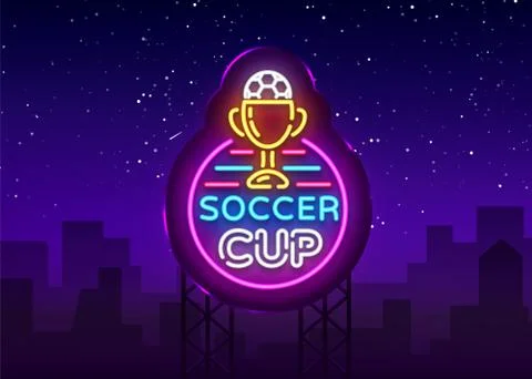 Soccer Cup Logo Neon Vector. Design Template Soccer Neon Sign, Bright Night Stock Illustration