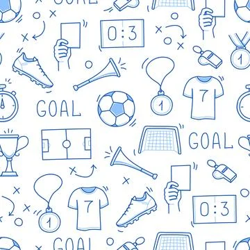 Soccer doodle seamless pattern. Football goal, award cup, whistle hand drawn Stock Illustration