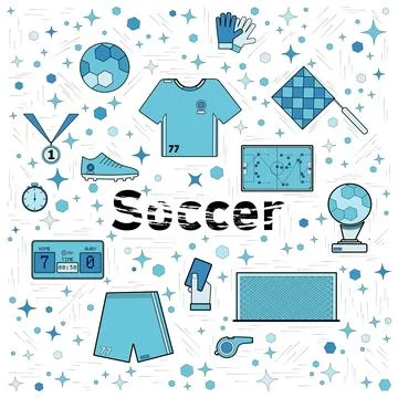 Soccer elements in the blue square Stock Illustration