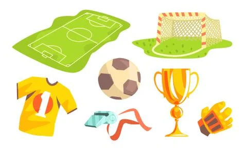 Soccer Elements Set, Field, Trophy Cup, Ball, Glove, Whistle, Uniform Vector 스톡 일러스트