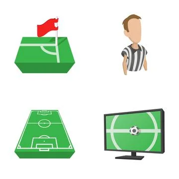 Soccer elements set showing referee, field, and television Illustrazione stock