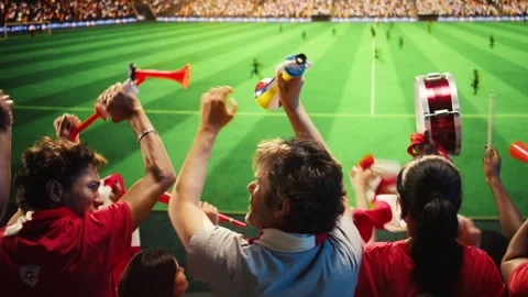 Soccer fans in red shirts react with excitement to goal scored during match Video stock 337556810
