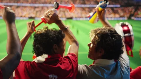 Soccer fans in red shirts react with excitement to goal scored during match Stockbeeldmateriaal 337560201