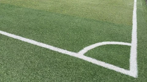 Soccer Field Corner Kick Arc and White Lines on Green Artificial Turf Stock Footage 347283423