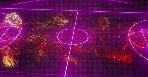 Soccer field lines image over colorful particle map on purple background Stock Illustration