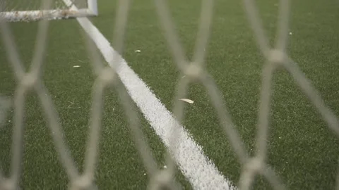 Soccer field through goal net: focus on touchline Stock Footage 307492731
