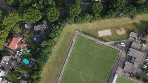 Soccer Field Top Down Aerial Over Suburb Germany Stockbeeldmateriaal 336444487