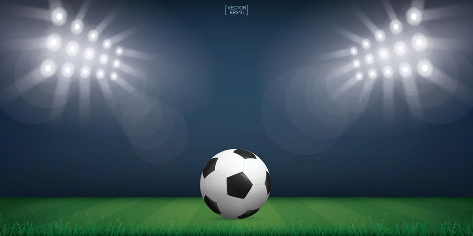 Soccer football ball on green grass of soccer field or football field stadium. Stock Illustration