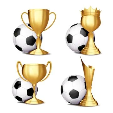 Soccer Game Award Set Vector. Football Ball, Golden Cup. Modern Soccer Stock Illustration