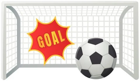 Soccer goal with ball flat vector illustration with cartoon text speech bubble Illustrazione stock