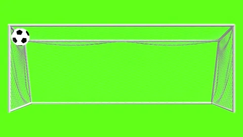Soccer Goal Net Loop with Spinning Ball Falling and Bouncing on Green Scree.. Stock Footage 335941897