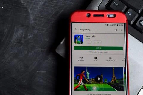 Soccer Kick dev app on Smartphone screen Stock Photos