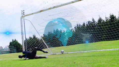 Soccer left-shot after GK attempting diving deflecting ball in net with Stock Footage 333894125