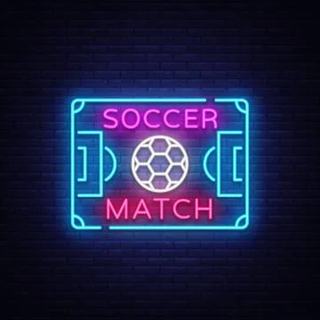 Soccer Match Logo Neon Vector. Design Template Soccer Neon Sign, Bright Night Stock Illustration