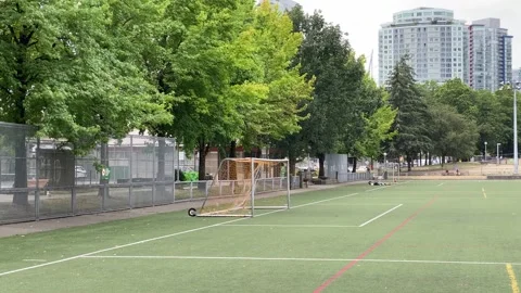 Soccer net on turf park Stock Footage 281703672