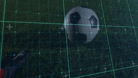 Soccer player appearing and passing ball after ball entry, teal sports data grid Stock Footage 332405000