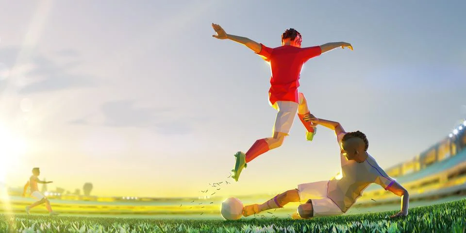 Soccer player in attack. polygon style 3d render illustration Panoramic view Stock Illustration