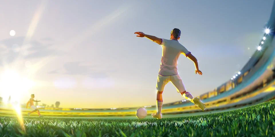 Soccer player in attack. polygon style 3d render illustration Panoramic view Stock Illustration