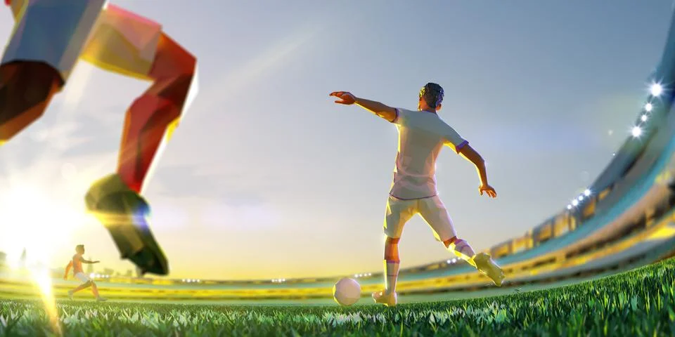 Soccer player in attack. polygon style 3d render illustration Panoramic view Stock Illustration