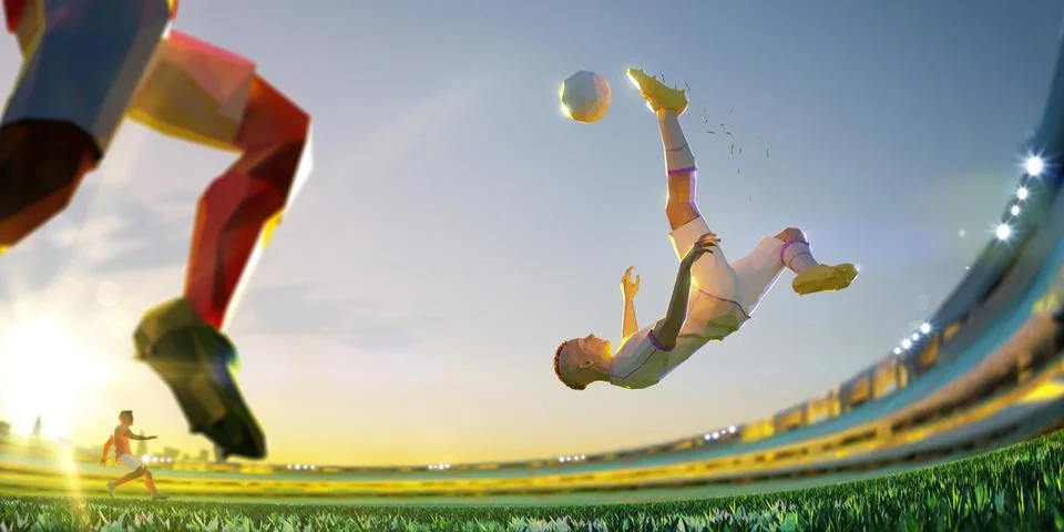 Soccer player in attack. polygon style 3d render illustration Panoramic view Stock Illustration