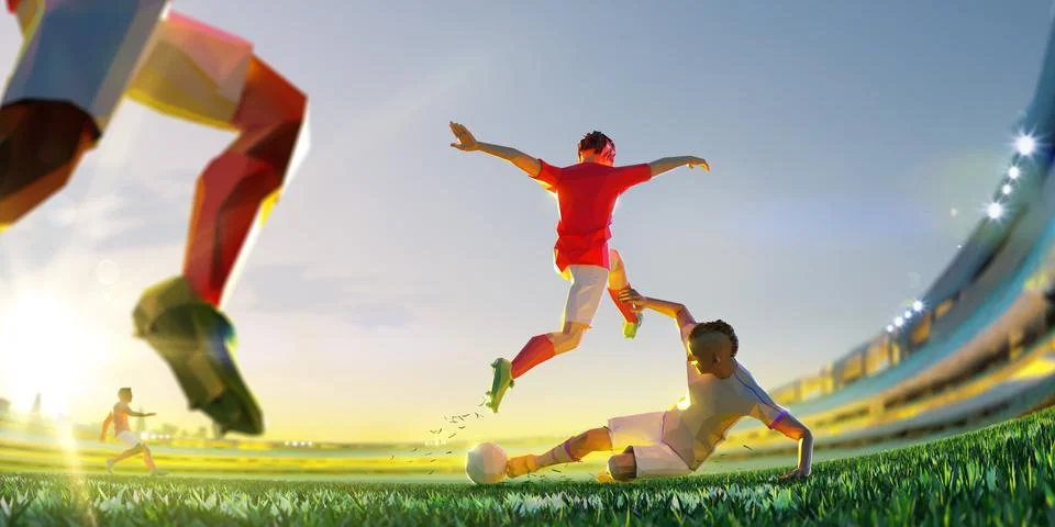 Soccer player in attack. polygon style 3d render illustration Panoramic view Stock Illustration