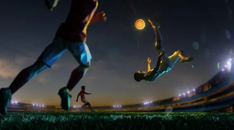 Soccer player in attack shining ball in night ground . polygon style 3d render Stock Illustration