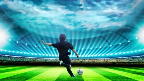 Soccer player with ball in action at stadium. Soccer child player. 4K. 3D Stock Footage 130406404