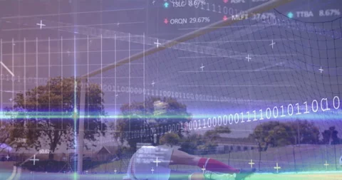 Soccer player diving to save goal with data processing animation over field Stock Footage 304645771