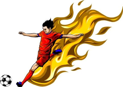 Soccer Player Flame Kick-Flame trailing football athlete doing his power kick Stock Illustration