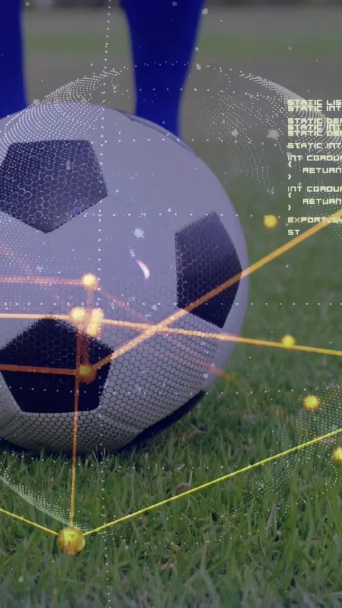 Soccer player foot entering frame planting cleat by ball activating point cloud Stock Footage 332598703