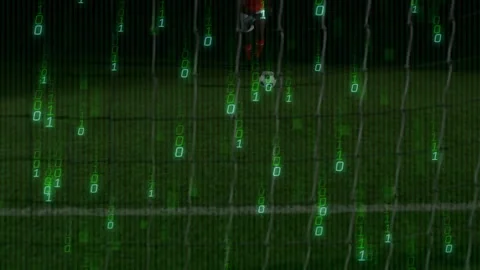 Soccer player initiating digital code overlay visualizing data before kicking Video stock 311604730