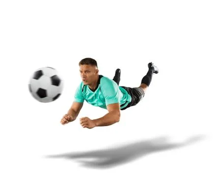 Soccer player jumping for a header the isolated on white Stock Photos