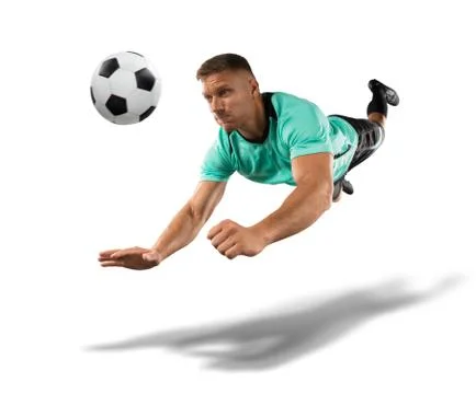 Soccer player jumping for a header the isolated on white Stock Photos