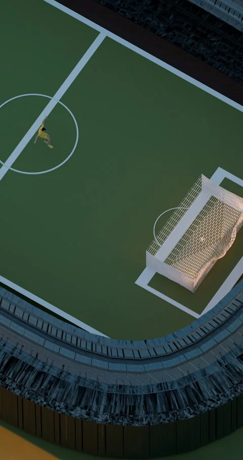 Soccer player kicking ball on empty stadium field  score goal render animation  Stockbeeldmateriaal 318009804